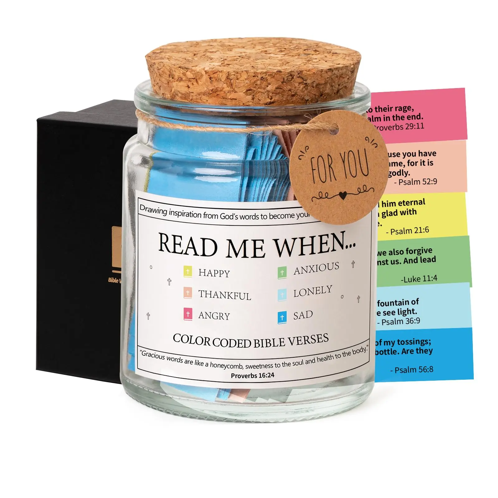 Glass Bible Verse Jar - Color-Coded Verses for Women, Prayer Jar, Religious Gift Set with Inspirational Spiritual Cards for Christian Mindfulness & Gratitude, Emotions & Feelings, Premium Gift Box for Graduation Party, Anniversary Gift Basket, Gift Kit