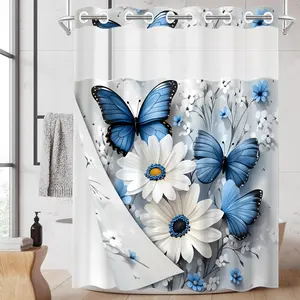 1PC 2D Flat 3D Stereo Blue Morpho Daisy Shower Curtain, Embossed Floral Butterfly Art Design, Waterproof Detachable Liner Bathroom Curtain (No Hooks)