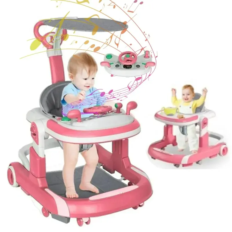 5-in-1 Baby Walker Anti-Rollover with Car-Themed Design & 4-Height Adjustable for Infants Unisex Toddler Walker with Play & Meal Tray Foldable & Easy to Assemble
