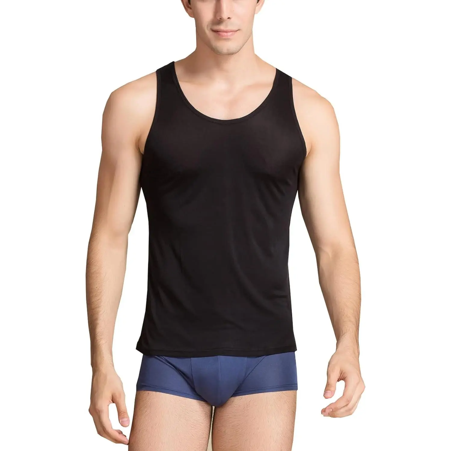METWAY Menswear Men's Pure Silk Slim Fit Knit Tank Tops - Sleeveless Natural Sports Undershirts, Super Absorbent, Breathable Classic A-Shirts