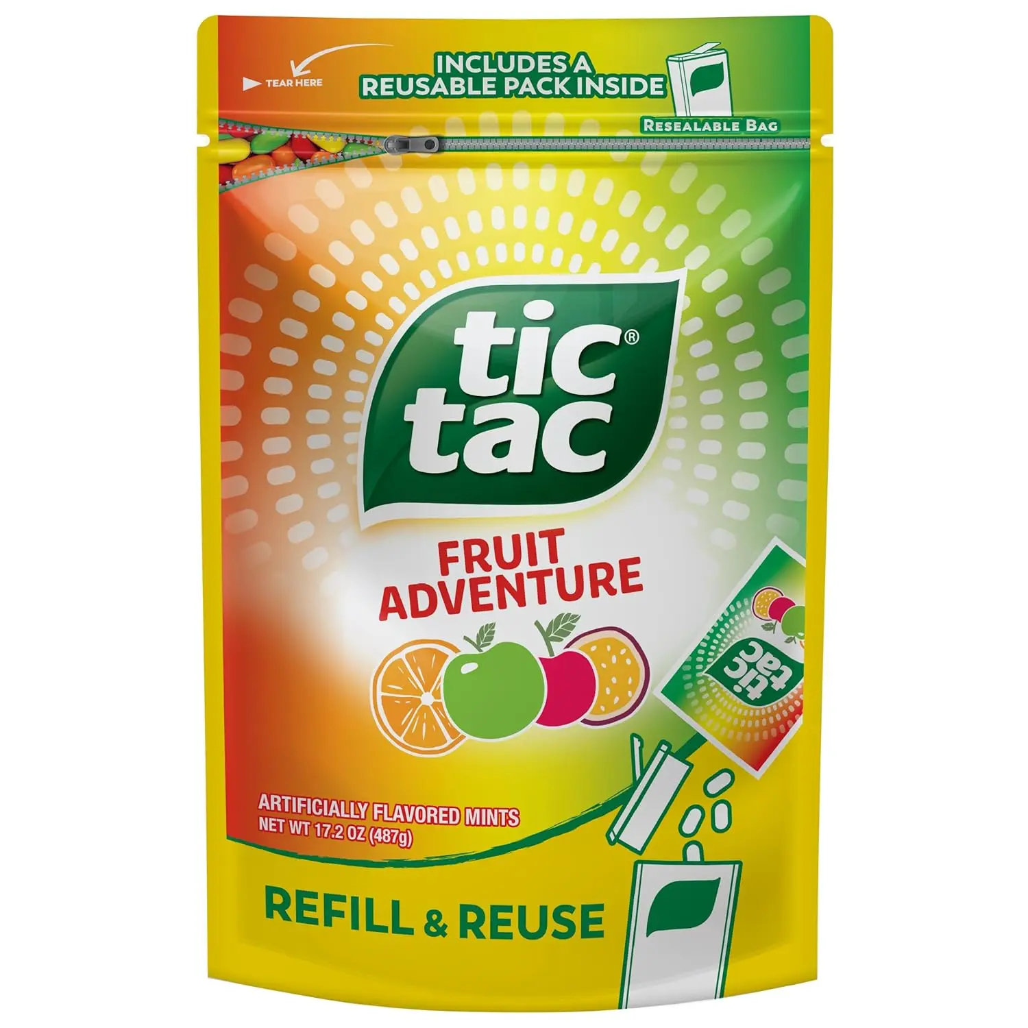 Tic Tac Bulk Sweet Fruit Adventure & Vanilla Candy Refill Bag (17.2 oz) - Pocket-Sized Gluten-Free On-the-Go Mints with Empty Refill Pouch, Red 40, Maltodextrin, Magnesium Stearate, Cupboard-Storable Party Snacks