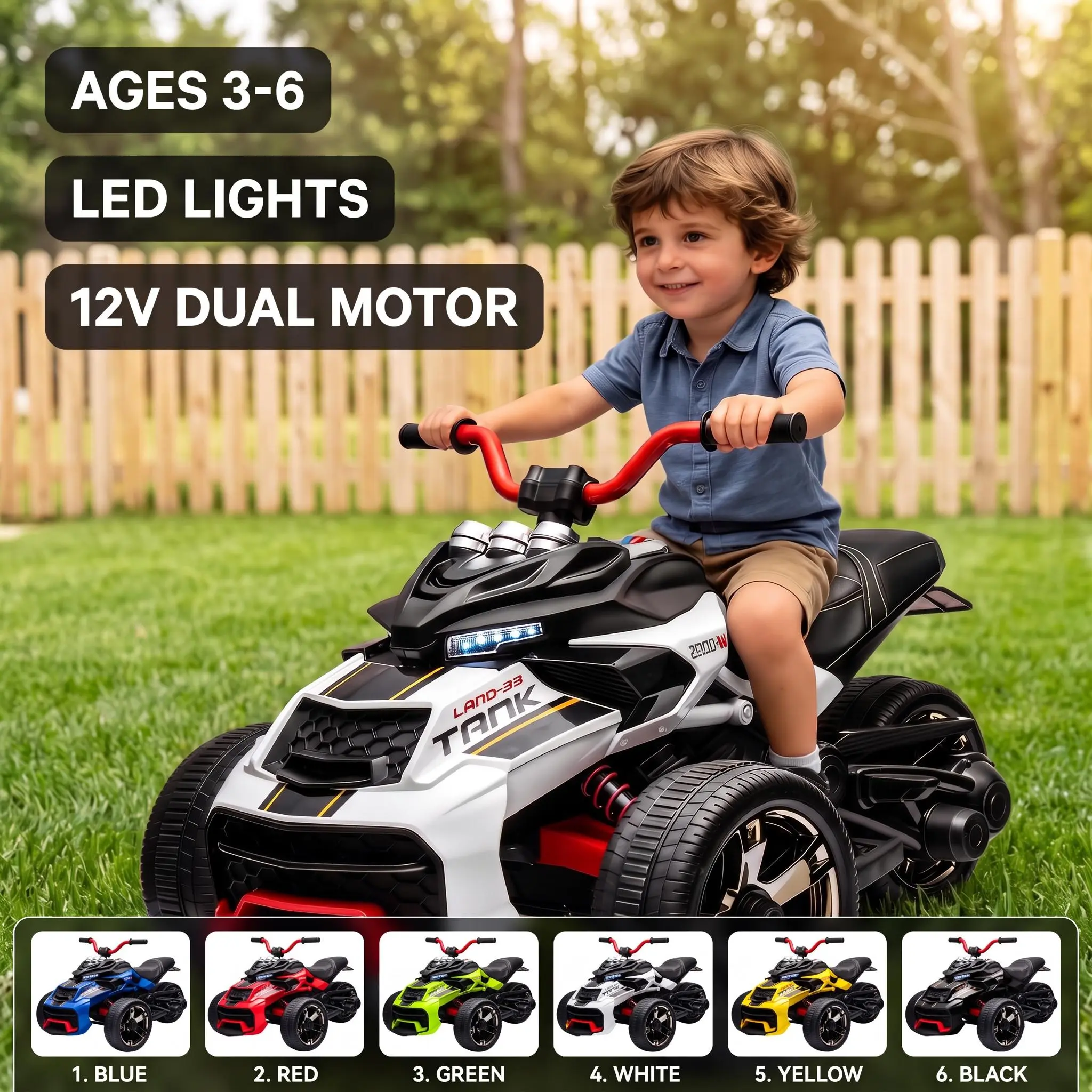 GARVEE 12V Rechargeable Trike Bike Ride On Car for Ages 3-7, Injecting Plastic Wheels, 2x55W Engines, 7AH Battery, 3-7 km/h Speeds, 2 Speed Settings, LED Lights, Music, USB, Multiple Colors (Kids Toys for Boys)
