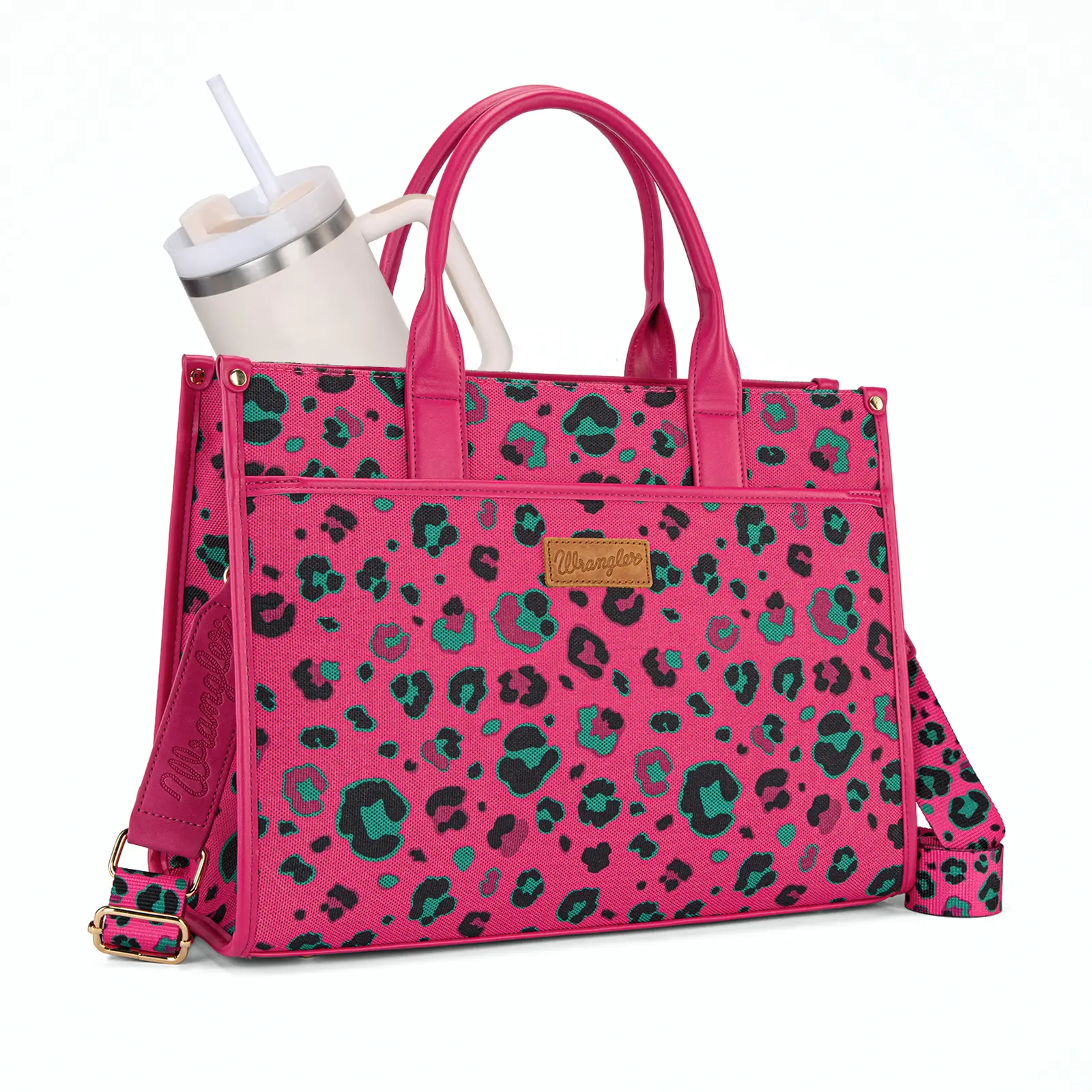 Wrangler Leopard Print Canvas Oversized Tote with Adjustable Strap for Women Everyday Use Large Capacity