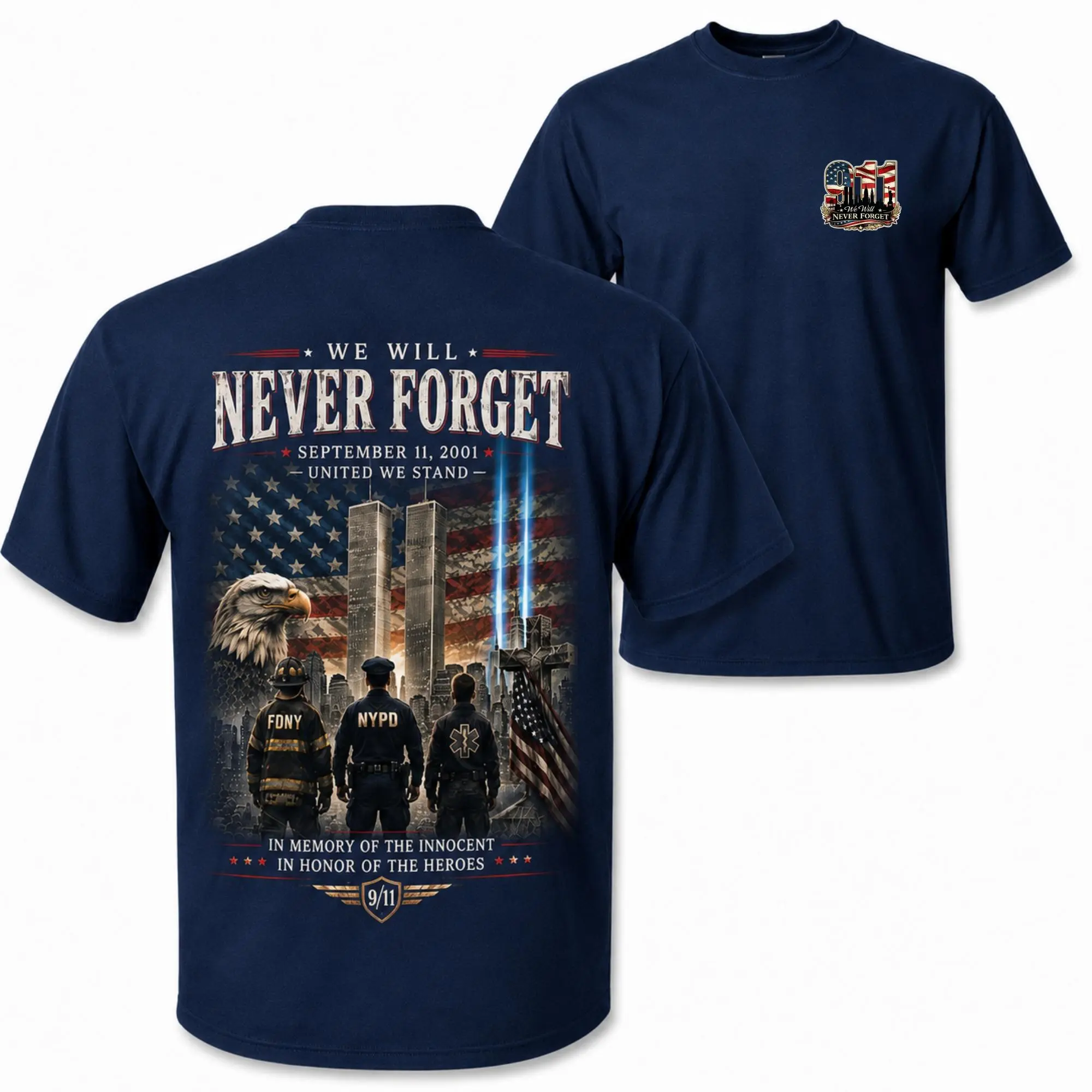 Never Forget 911 T Shirt, Twin Towers American Flag Eagle And First Responder Graphic, Memorial Gift For Firefighters Police EMS And Patriots