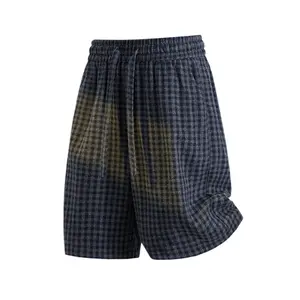Men’s retro plaid drawstring casual shorts with textured fabric, relaxed fit; suitable for home wear and outdoor/beach use; lightweight, breathable, comfortable; ideal for sports and fitness outfits. summervibes
