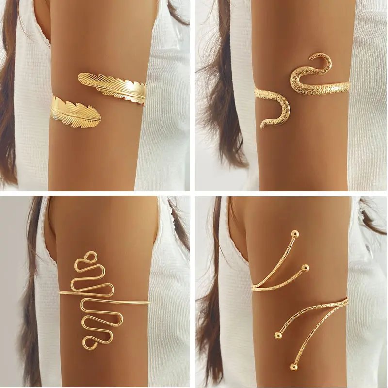 Metallic floral snake-shaped open arm bracelet with vintage geometric lines
