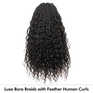 Luxe Bora Braids with Human Hair Feathered Curls 14-20" 8 Packs 10 Strands Knotless Wave Curls Hair Women's Pre-looped Goddess Braiding Hair Extensions
