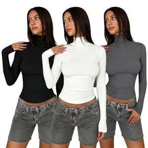 Y2K Korean Inspired Durable Women’s Tops - Breathable Cotton Blend Slim-Fit Design Crewneck and Turtleneck Styles, Assorted Colors Layering Tees for Casual Outings & Date Looks