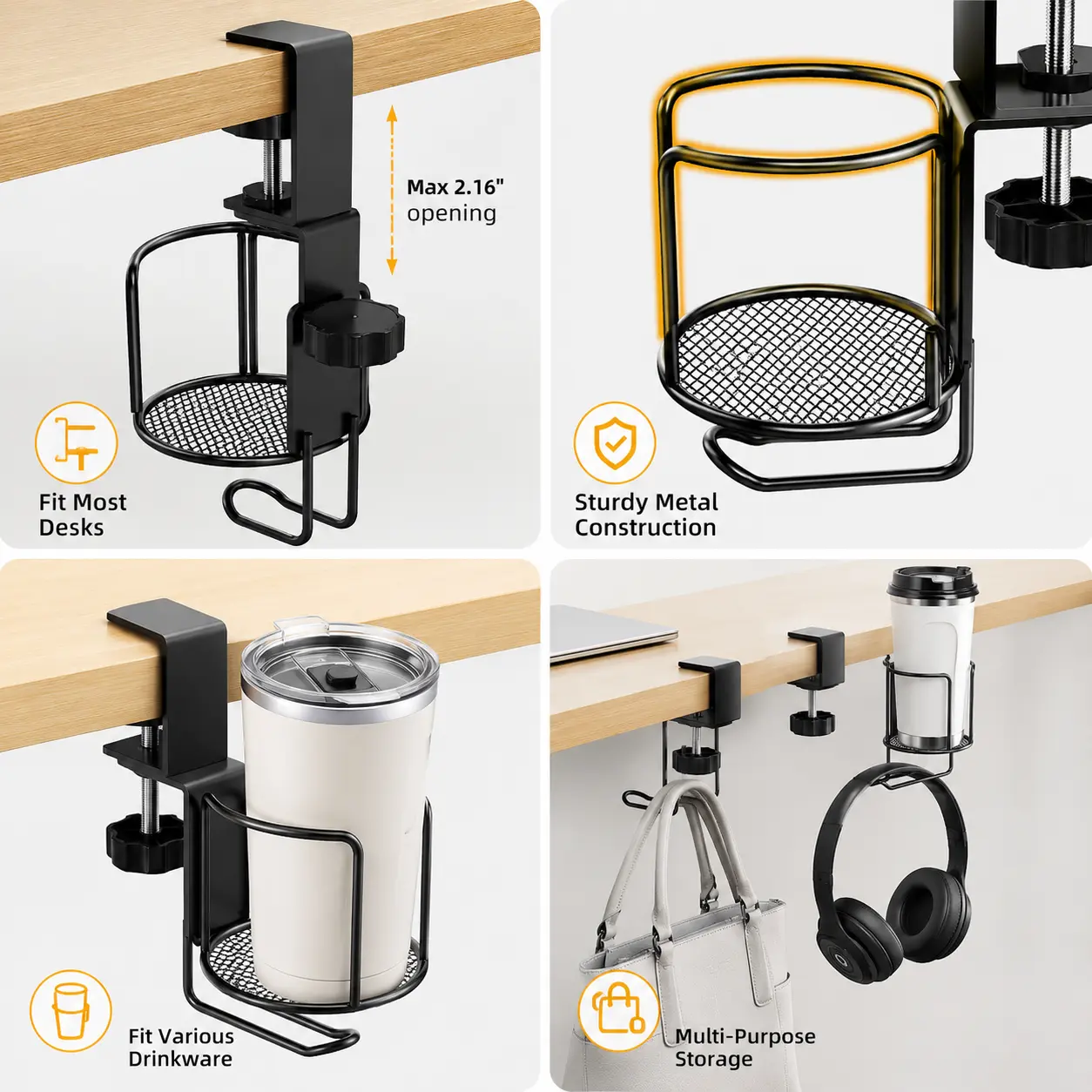 1 Count, Desk Edge Clamp Cup Holder with Headphone Hook and Handbag Hanger, Under Desk Space Saving Organizer for Home and Office Desktop