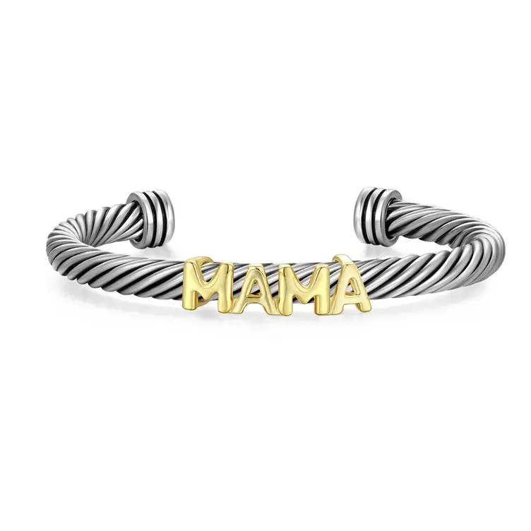 Aprilery Letter Mom Mixed Metal Bangle Two-Tone Cable Cuff Jewelry – Designer Bracelet Gifts for Your Mom