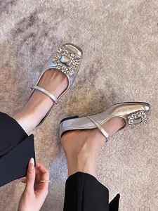 Women's Elegant Rhinestone Decorated Slip on Flats, Trendy Square Toe Flat Shoes, Fashionable Shoes for Daily Wear, Girl, Footwear