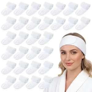 30 count White  Headband, 23.6 x 3.1 Inch Soft Facial Headband Esthetician with Hook and Loop Tape Adjustable Terry Cloth Makeup Hair Wrap for Women Girls for Shower  Washing Yoga  Makeup