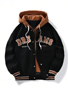 Men's Hooded Drawstring Front Button Letter Print Casual Long Sleeve Jacket & Coat