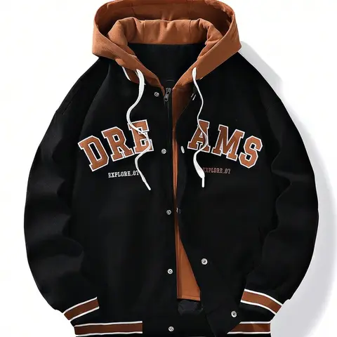 Men's Hooded Drawstring Front Button Letter Print Casual Long Sleeve Jacket & Coat