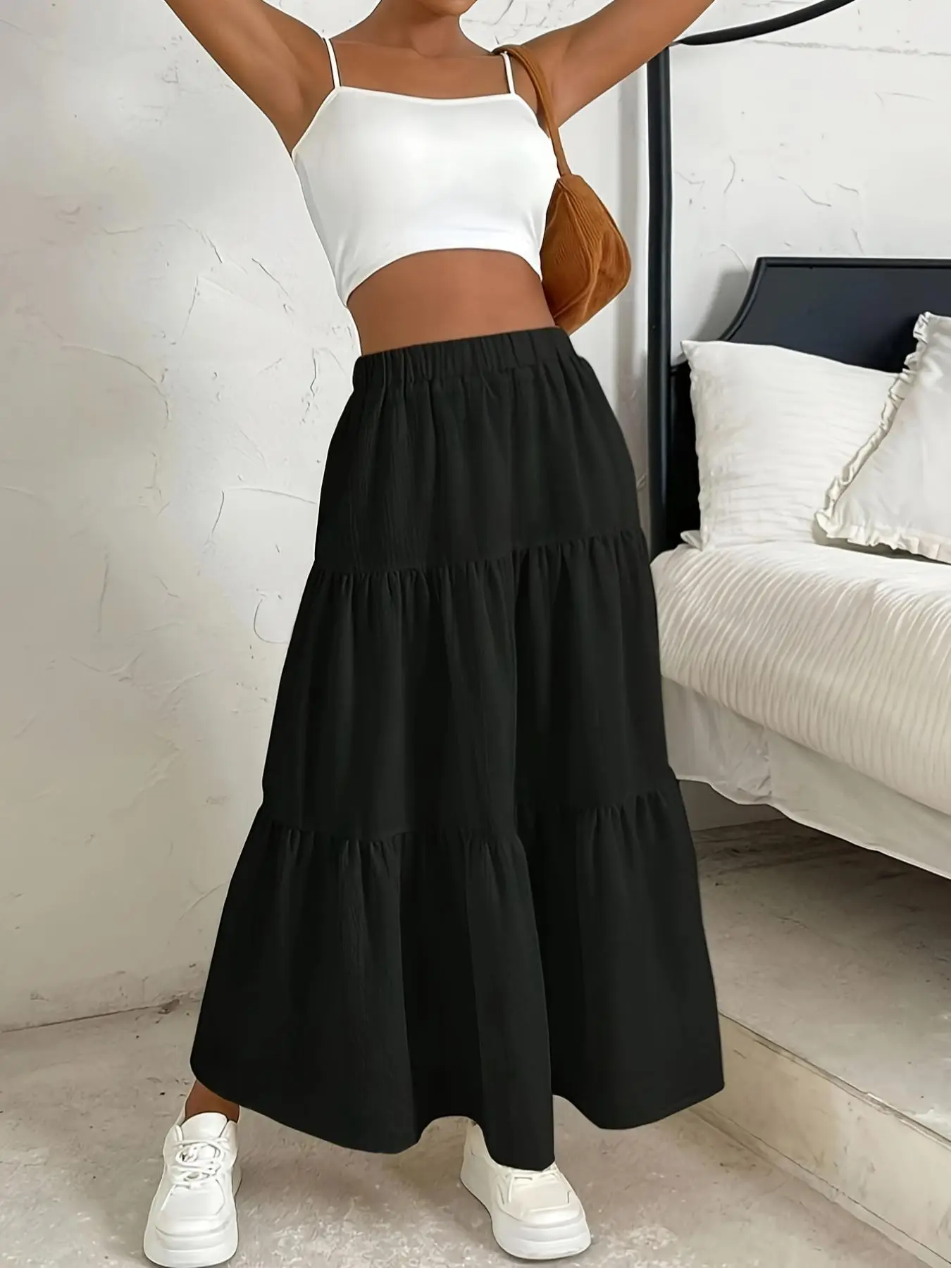 Women's Plain Ruffle Hem Flared Skirt, Casual Boho High Waist Long Skirt for Daily Wear, Summer Outfits 2024, Ladies Bottoms for All Seasons