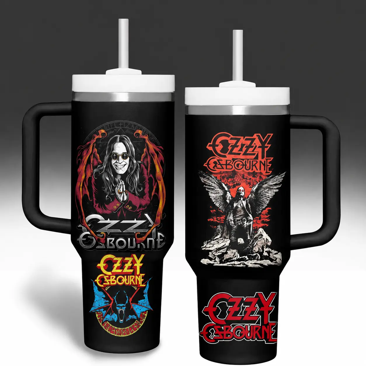Ozzy 40oz Tumbler, Prince of Darkness Rock Band Travel Mug, Heavy Metal Fan Gift, Black Sabbath Inspired Stainless Steel Quencher Cup With Handle & Straw, Gothic Music Lover Cup
