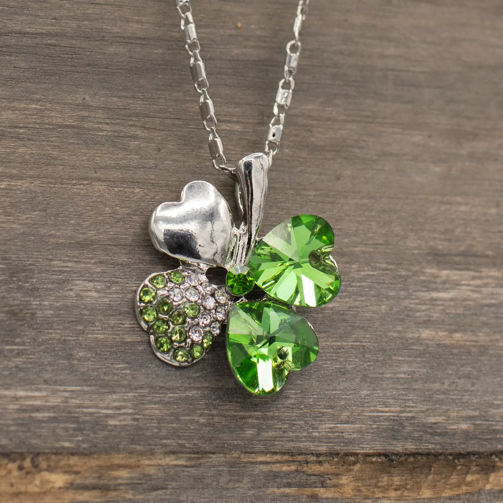 Four Leaf Clover Green and Silver Crystal Necklace - Irish, St. Patricks Day