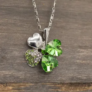Four Leaf Clover Green and Silver Crystal Necklace - Irish, St. Patricks Day