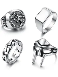 4 Pcs Men's Rings Set Doom Ring Wolf Ring Signet Ring Chain Ring Set Stainless Steel Rings for Men Size 9-12 Chunky Band Rings