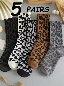 5 Pairs Leopard Print Mid-Calf Socks, Sock Sets, Stylish Animal Pattern Footwear, Perfect for Everyday Casual Wear, Comfortable & Durable Design