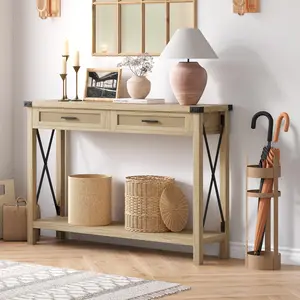 Narrow Rattan Console Table with Storage Drawer and Lower Shelf, Boho Style Sofa Table for Hallway, Behind Couch Farmhouse Decor