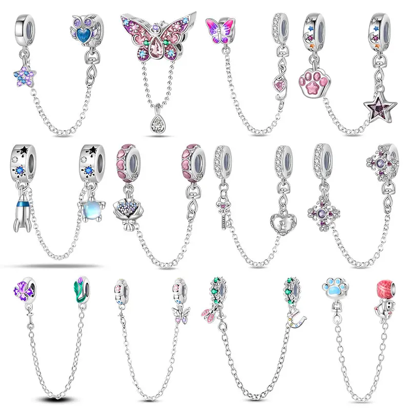 925 Silver Color Butterfly Flower Key Lock Safety Chain Fit Charms For Pandora Original Bracelets DIY Jewelry Making For Women Gift