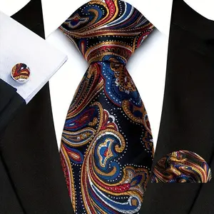 3pcs Men's 3.15 Inch Paisley West Suit Tie Square Cufflink Set