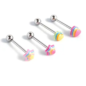 HERVAY 14G/16MM Stainless Steel Jewelry - Rainbow Heart/Star + Colorful Crystals - Suitable for Tongue/Lips - Unisex Piercing Accessories