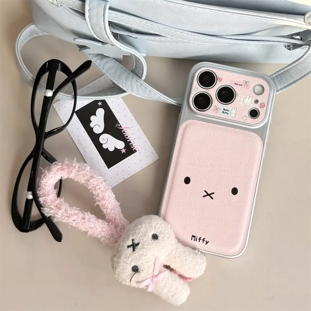 Korean Leather Simple Line Miffy Rabbit Phone Case with Plush Pendant for iPhone 15 Pro 14 13 16 Max 17 Pro Max Cover Cute Funda