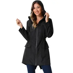INSPIRE CHIC Women's Lightweight Hooded Raincoat Windbreaker Trench Coat Black Small
