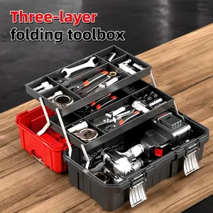 Heavy-Duty 3-Tier Folding ToolBox with Multi-Functional Tool Mesh Design - Integrated Lid,  secure  latch, Heavy-Duty Plastic, Tool Organizer with Labeled Compartments, Suitable for Electricians, Carpenters