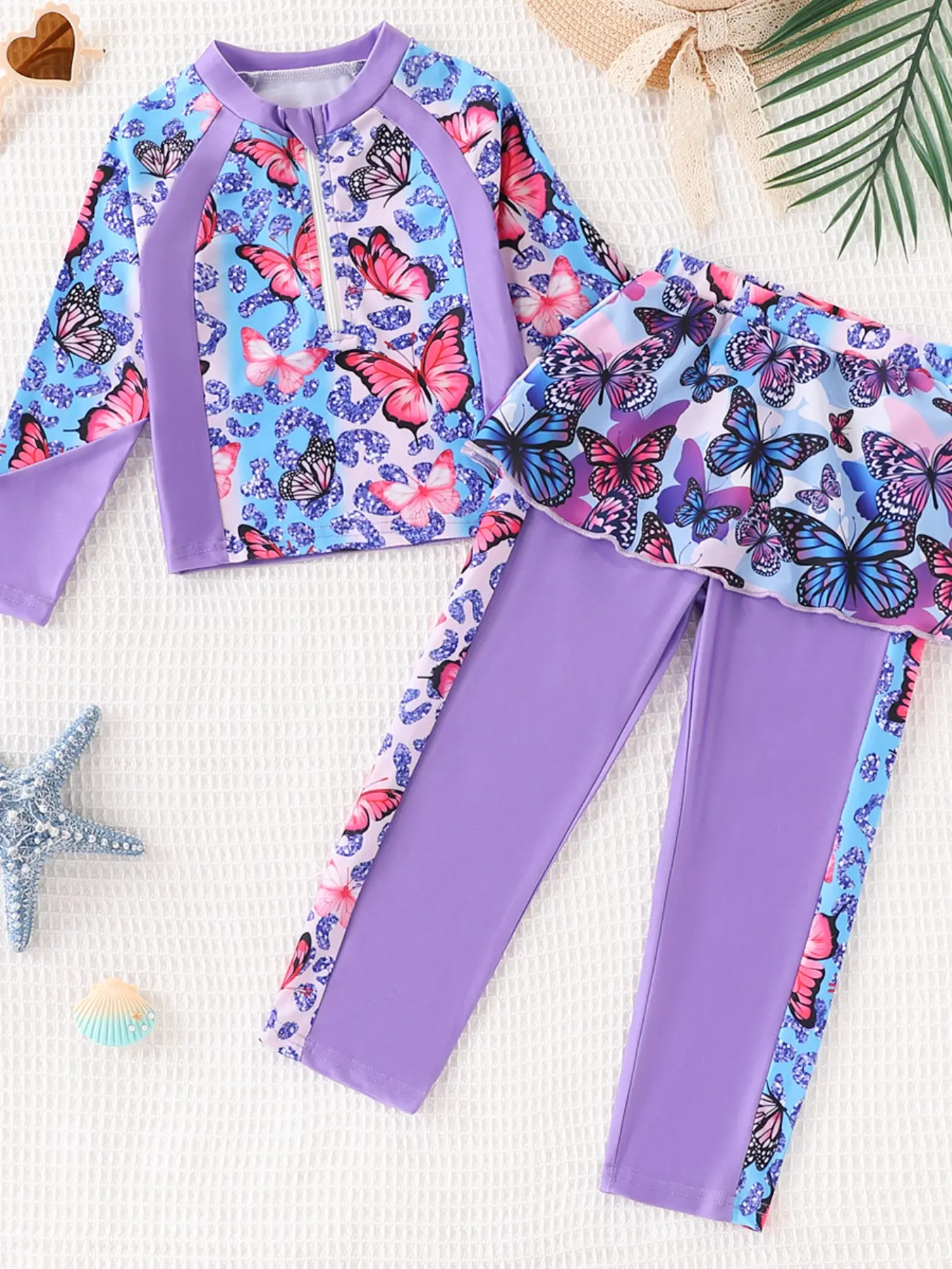 Two-Piece Girls Butterfly Print Long Sleeve Swimsuit Set, Half-Zip Ruffle Skirt Pants, Soft High Elastic Quick-Dry, Beach Pool Swimwear, Swimsuit Style, Quick Drying Swimsuit