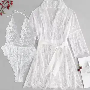White Lace Robe & Bodysuit Set| Sheer Bridal Loungewear for Women