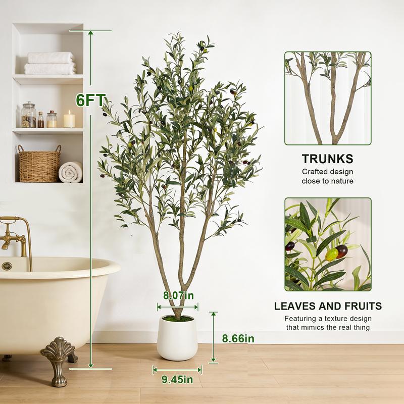 Fancybatt Artificial Olive Trees, 6FT/7FT, Indoor Tall Faux Olive Tree, with White Tall Planter, Artificial Plants with Natural Wood Trunk & Lifelike Fruits for Home Office Decor