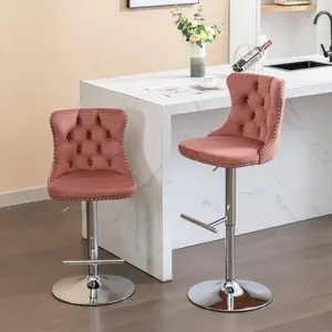 Dreamzon furniture Swivel Velvet Barstools Adjusatble Seat Height from 25-33 Inch, Modern Upholstered Chrome base Bar Stools with Backs Comfortable Tufted for Home Pub and Kitchen Island, Pink,Set of 2,1712PK