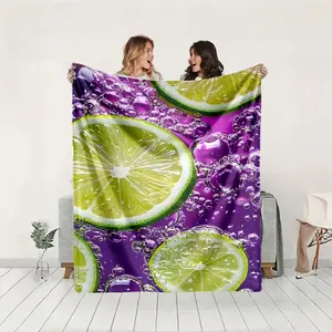 1 piece Close-up of lemon slices and purple liquid in sparkling water themed flannel blanket - Super soft and warm flannel blanket, suitable for beds, sofas and camping, modern design, digitally printed pattern, all-season use, 100% polyester