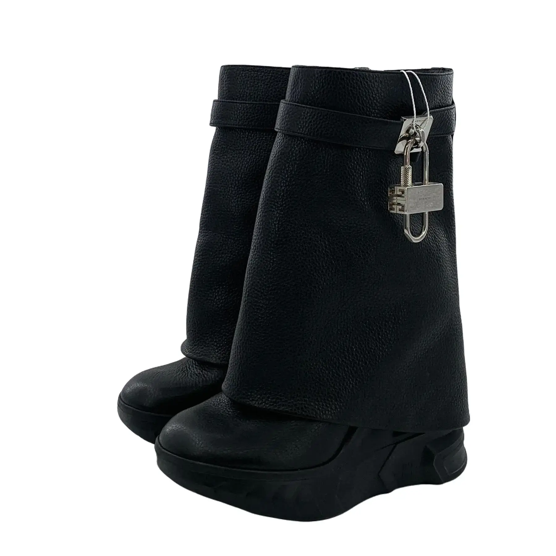 RDLT-Givenchy Size 35 Shark Lock Black Silver Lock Buckle Decor Flat Knee‑High Boots-H38725
