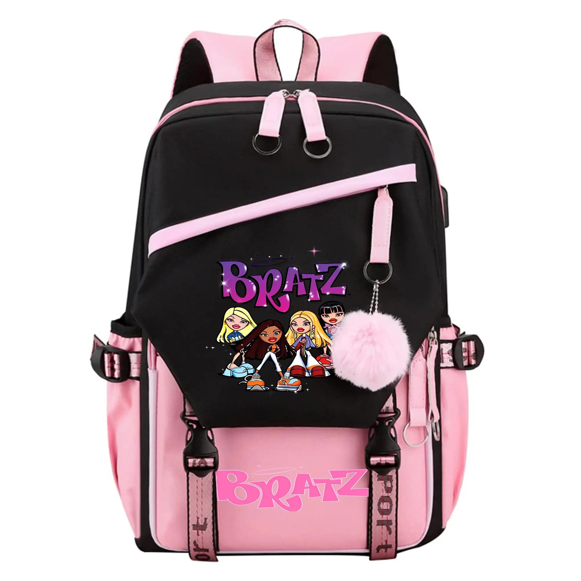 Bratz Rock Angelz Graphic Backpack for Girls, Y2K Pink and Black School Bookbag with Keychain, Waterproof Travel Laptop Bag for Teens College d-1
