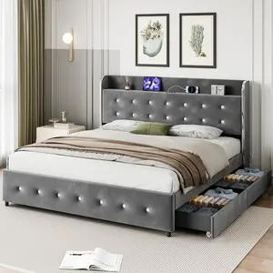 Gaomon 103 Queen Platform Bed Frame, Grey Velvet Upholstery with Storage Headboard, Charging Station, 4 Drawers and Wooden Slats Support, Noise-Free, Four Drawers