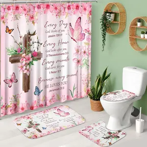 4 Pcs Pink Butterfly Inspirational Quotes Shower Curtain Set with Rugs and Toilet Lid Cover, Christian Cross Bathroom Set Encouraging Bible Verses Floral Bathroom Decor Set Accessories