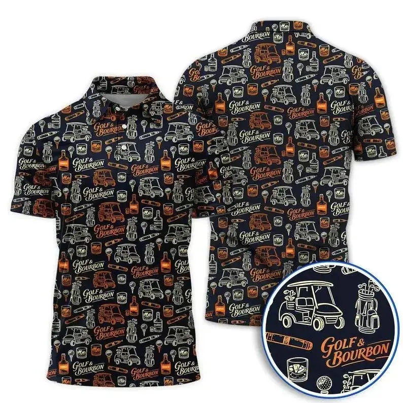 Men’s Black Orange Bourbon Whiskey Golf Polo Shirt, Graphic Performance Apparel for Golf and Casual Wear