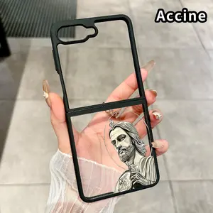Divine Bearded Figure Pattern Shockproof Folding Case for Z Flip 7/6/5/4, Central Axis Guard and Camera Protection Transparent Silicone TPU Phone Case