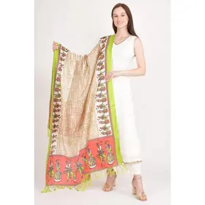 Beige Printed Cotton Silk Dupatta With Tassels