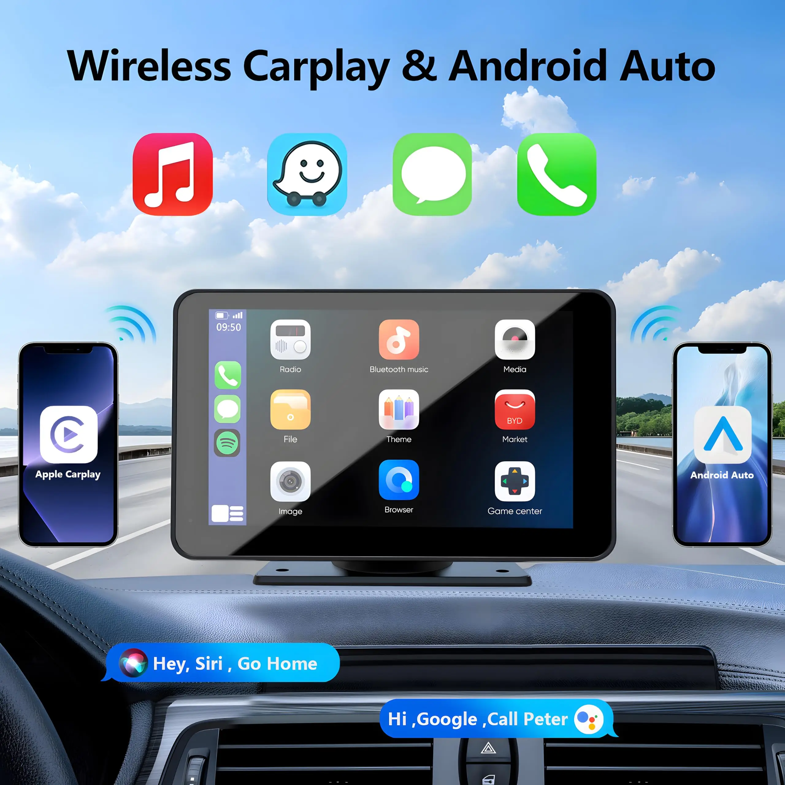 【Hieha】2025 Newest Wireless Portable Carplay and Android Auto Screen with Dashboard Mount for Alll Vehicles Car Video Player Support Screen Mirroring