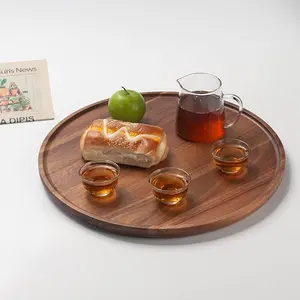 One Round Wooden Tray Durable Wood Decorative Tray for Coffee Table Dining Table Centerpiece Charcoal Board Tabletop Rustic Brown Versatile Tableware for Christmas & Black Friday Party Decorations Thanksgiving Day