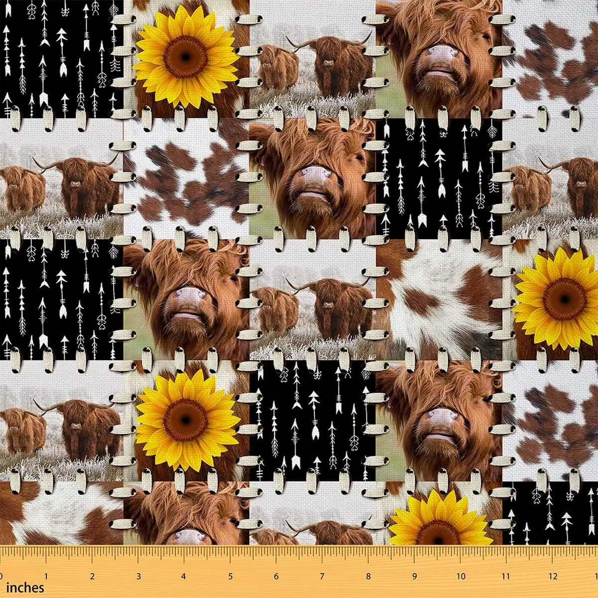 Highland Cow Fabric By The Yard,Sunflower Cowhide Print Waterproof Fabric,Farmhouse Cow Fur Print Upholstery Fabric Boho Arrow Animal DIY Fabric, Diy Crafting