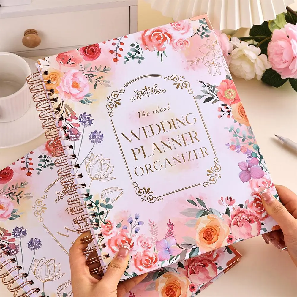 Floral Pattern Wedding Planner, Wedding Planning Book And Organizer, 1 Count 132-page Bridal Planning Notebook with Stickers, Checklists, Pockets & Calendars, Ideal for Wedding Organization, Budget Planners