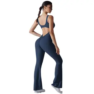New solid color back-friendly & hip-lifting long slim wide-leg jumpsuit, one-piece yoga outfit for sports, and fitness.