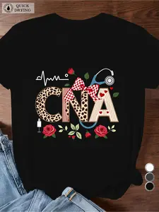 Themed Nursing Assistant T-Shirt - Short Sleeve Top with Stethoscope & Healthcare Graphic, Round Neck Suitable for Daily Wear, Spring Summer Outfits, Machine Washable Casual Blouse for CNA Uniforms