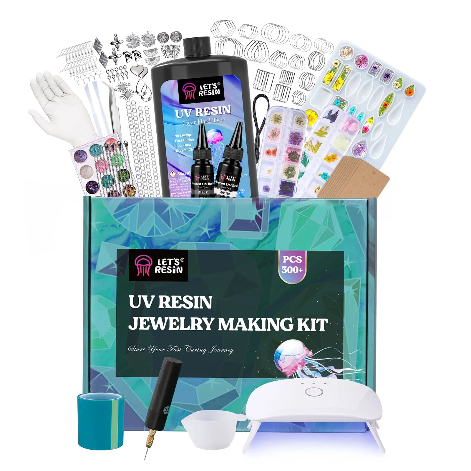 LET'S RESIN UV Resin Jewelry Making Kit, 300+Pcs Black White Clear UV Resin Kit with Light, Bonus Electric Drill Included, UV Resin Molds, Resin Starter Kit for Beginners, Keychain & Earring Making